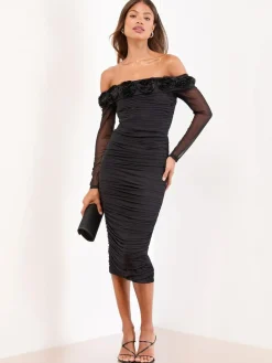 Discount Lipsy Black Flower 3D Trim Bardot Long Sleeve Mesh Bodycon Midi Dress