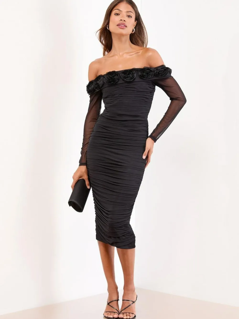 Discount Lipsy Black Flower 3D Trim Bardot Long Sleeve Mesh Bodycon Midi Dress