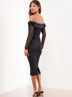 Discount Lipsy Black Flower 3D Trim Bardot Long Sleeve Mesh Bodycon Midi Dress