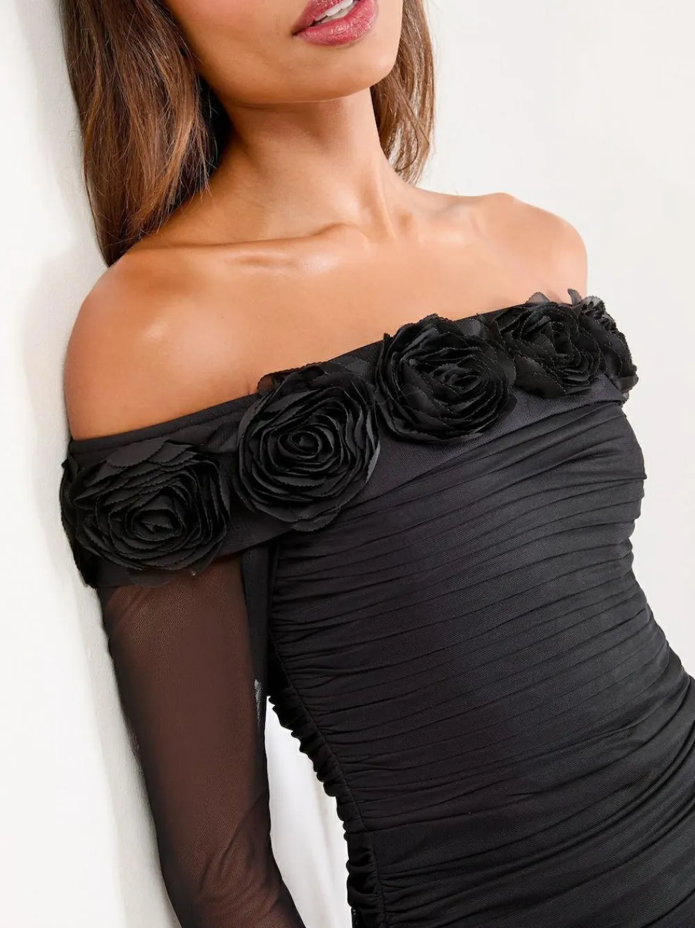 Discount Lipsy Black Flower 3D Trim Bardot Long Sleeve Mesh Bodycon Midi Dress