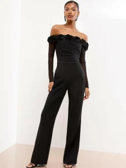 Lipsy Black Flower 3D Trim Bardot Long Sleeve Mesh Jumpsuit^Women Jumpsuits & Playsuits