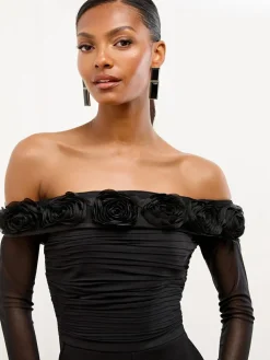 Lipsy Black Flower 3D Trim Bardot Long Sleeve Mesh Jumpsuit^Women Jumpsuits & Playsuits