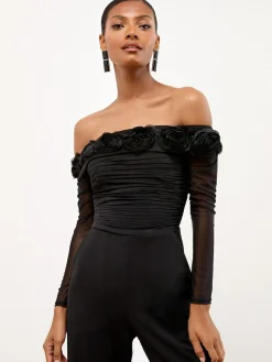Lipsy Black Flower 3D Trim Bardot Long Sleeve Mesh Jumpsuit^Women Jumpsuits & Playsuits