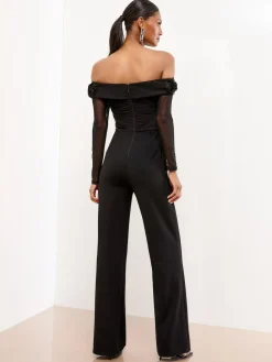 Lipsy Black Flower 3D Trim Bardot Long Sleeve Mesh Jumpsuit^Women Jumpsuits & Playsuits