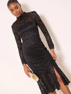 Lipsy Black High Neck Lace Flare Sleeve Midi Dress^Women Occasion Dresses