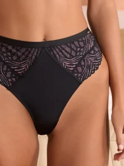 Lipsy Black High Rise Geo Lace Thong^Women Panties