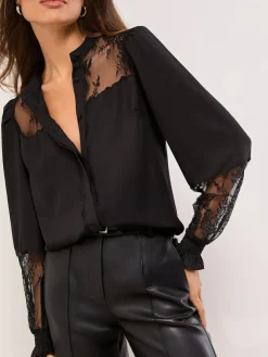Lipsy Black Lace Detail Grandad Shirt^Women Tops & T-Shirts|Blouses & Shirts