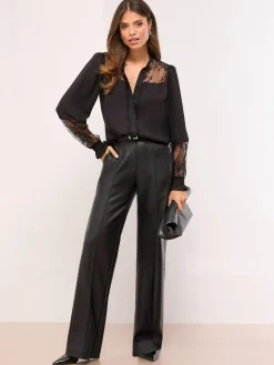 Lipsy Black Lace Detail Grandad Shirt^Women Tops & T-Shirts|Blouses & Shirts