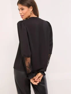 Lipsy Black Lace Detail Grandad Shirt^Women Tops & T-Shirts|Blouses & Shirts