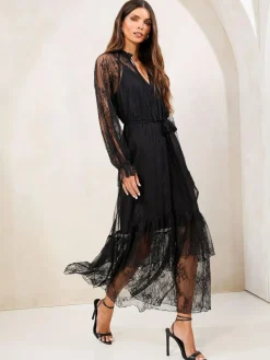 Sale Lipsy Lace Ruffle Long Sleeve Midi Dress Black