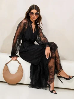 Sale Lipsy Lace Ruffle Long Sleeve Midi Dress Black