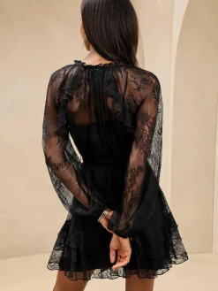 Lipsy Black Lace V-Neck Ruffle Mini Shift Dress^Women Dresses