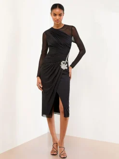 Lipsy Black Long Sleeve Embellished Trim Mesh Bodycon Midi Dress^Women Occasion Dresses