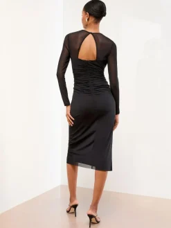 Lipsy Black Long Sleeve Embellished Trim Mesh Bodycon Midi Dress^Women Occasion Dresses