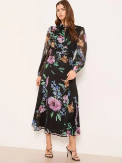 Sale Lipsy Black Long Sleeve Woven Floral Midi Dress