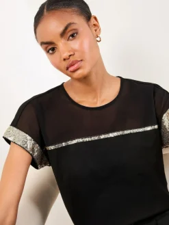 Clearance Lipsy Crew Neck T-Shirt Black Mesh Gold Sequin