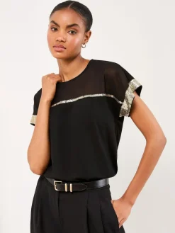 Clearance Lipsy Crew Neck T-Shirt Black Mesh Gold Sequin