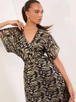 Lipsy Black Metallic Printed V-Neck Fit And Flare Midi Dress^Women Occasion Dresses|Midi Dresses