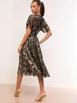 Lipsy Black Metallic Printed V-Neck Fit And Flare Midi Dress^Women Occasion Dresses|Midi Dresses