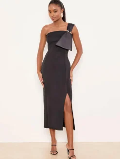 New Lipsy Black One Shoulder Asym Bow Bodycon Midi Dress