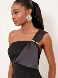 New Lipsy Black One Shoulder Asym Bow Bodycon Midi Dress