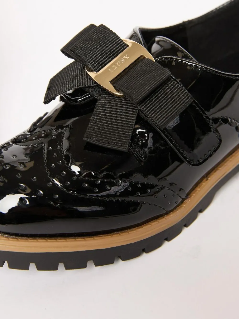 Discount Lipsy Black Patent Bow Detail Brogue School Velcro Strap Shoes