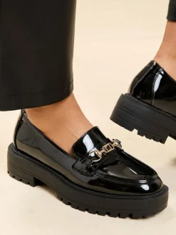 Hot Lipsy Standard Fit Chunky Snaffle Trim Detail Faux Leather Loafers Black Patent