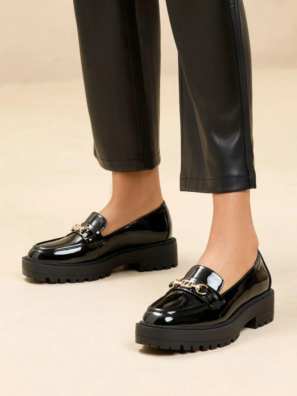 New Lipsy Wide Fit Chunky Snaffle Trim Detail Faux Leather Loafers Black Patent