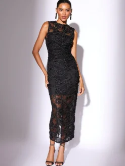 Lipsy Black Petite 3d Floral Mesh Midaxi Bodycon Dress^Women Occasion Dresses|Midi Dresses