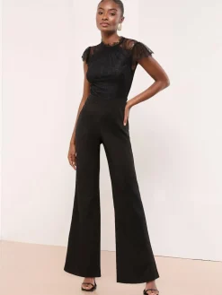 Lipsy Black Petite Lace High Neck Short Sleeve Jumpsuit^Women Jumpsuits & Playsuits