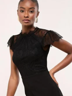 Lipsy Black Petite Lace High Neck Short Sleeve Jumpsuit^Women Jumpsuits & Playsuits