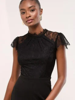 Lipsy Black Petite Lace High Neck Short Sleeve Jumpsuit^Women Jumpsuits & Playsuits