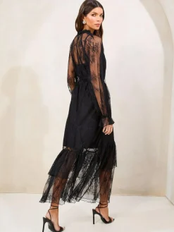 Lipsy Black Petite Lace Ruffle Long Sleeve Midi Dress^Women Occasion Dresses