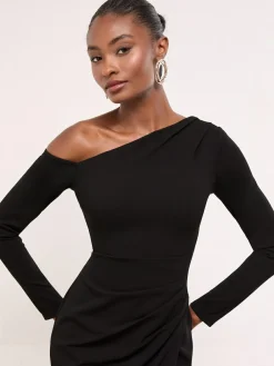 Discount Lipsy Petite Long Sleeve Off The Shoulder Gathered Waist Maxi Dress Black