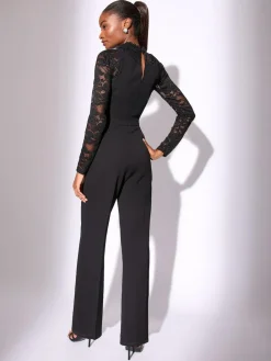 Lipsy Black Petite Long Sleeve Lace High Neck Jumpsuit^Women Occasionwear|Jumpsuits & Playsuits