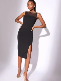Sale Lipsy Black Petite Mesh Mix Sleeveless Bodycon Midi Dress