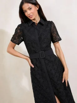 Best Lipsy Premium Lace Belted Shirt Dress Black