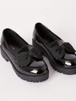 Lipsy Black Standard Fit (F) Patent Chunky Bow Slip On Loafer School Shoes^ Boots