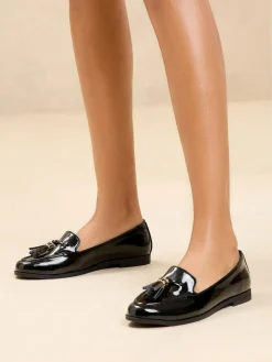 Hot Lipsy Standard Fit Flat Slim Sole Tassel Loafers Black