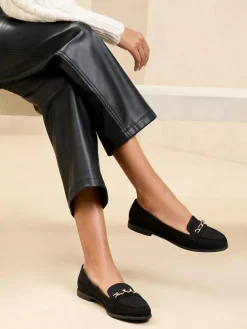 Lipsy Black Standard Fit Flat Slip On Chain Trim Faux Suede Loafers^Women Flats