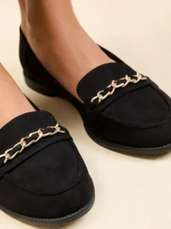 Lipsy Black Standard Fit Flat Slip On Chain Trim Faux Suede Loafers^Women Flats