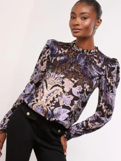 Discount Lipsy Black Velvet High Neck Blouse