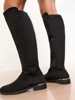 Hot Lipsy Wide Fit Faux Suede Elasticated Flat Knee High Casual Boots Black