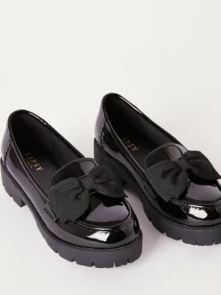 Lipsy Black Wide Fit (G) Patent Chunky Bow Slip On Loafer School Shoes^ Shoes