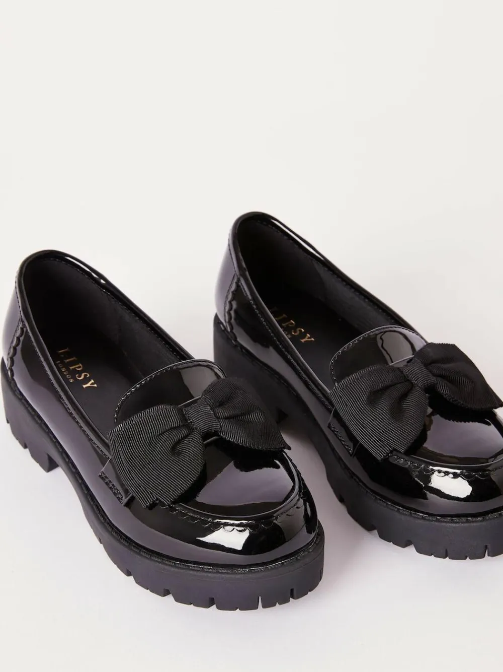 Lipsy Black Wide Fit (G) Patent Chunky Bow Slip On Loafer School Shoes^ Shoes