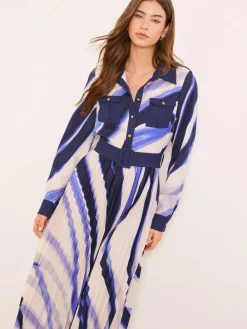 Lipsy Marble Print Woven Pleated Midi Shirt Dress^Women Midi Dresses