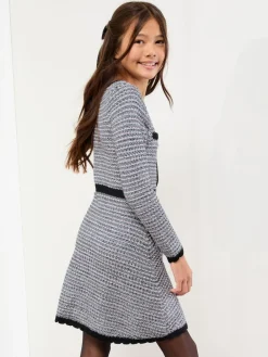 Lipsy Blue/Black Boucle Button Through Knit Dress (5-16yrs)^ Dresses|Knitwear & Sweaters