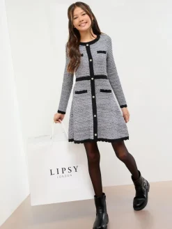 Lipsy Blue/Black Boucle Button Through Knit Dress (5-16yrs)^ Dresses|Knitwear & Sweaters