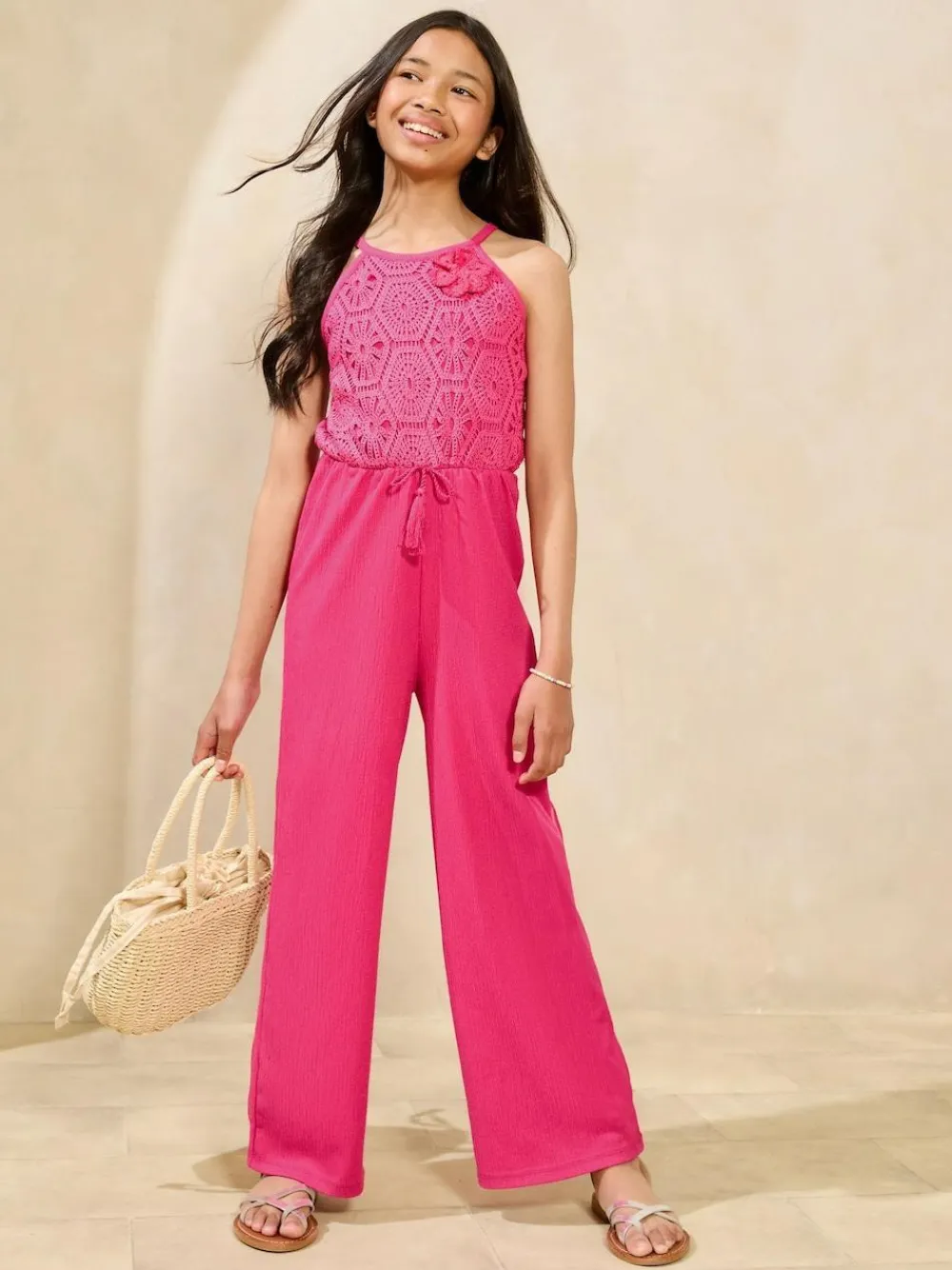 Hot Lipsy Bright Pink Halter Crochet Corsage Holiday Shop Jumpsuit (5-16yrs)