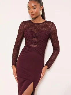 Best Lipsy Burgundy Red Burgundy Lace Trim Ruched Maxi Dress